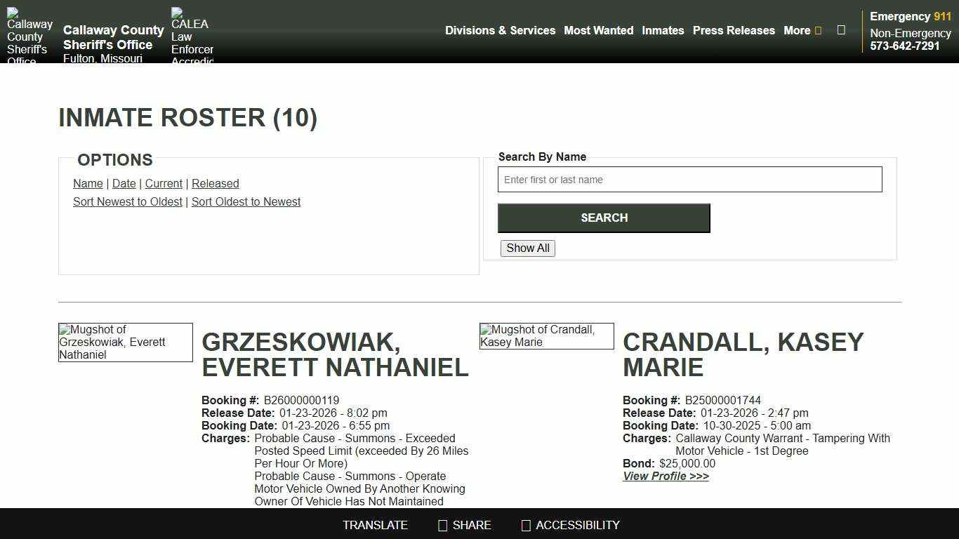 Inmate Roster - Page 1 Released Inmates Booking Date Descending - Callaway County Sheriff's Office, Missouri